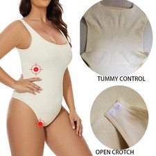 Ribbed Shapewear Bodysuit Tummy Control Sleeveless Compression Open Crotch Women