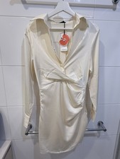 CIDER Women’s XS Beige Satin Twist Front Ruched Long Sleeve Mini Dress