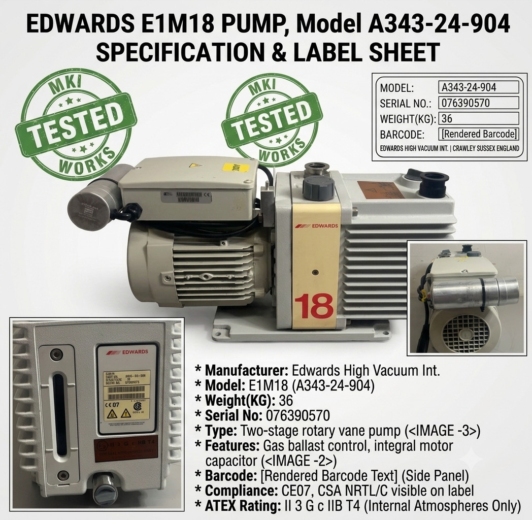 Edwards E1M18 Single Stage Rotary Vane Vacuum Pump 208V A34324904