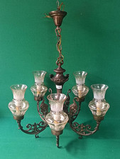 BELLISSIMO LAMPADARIO ANNI '70 VINTAGE IN OTTONE E VETRO A 5 LUCI VINTAGE. DH91