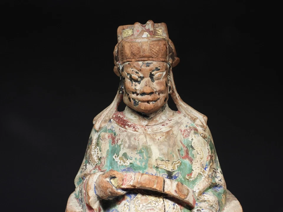 Chinese Qing Dynasty Polychrome Painted Wood Taoist Deity Buddha Statue - Image 2 of 4