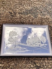 Vintage MCM Etched Mirror Cottage Scene Wall Art 84x58cm Black Frame Art Deco