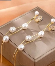 White Pearl Clip On Earrings Drop Dangle Gold Tone Wedding Prom Pageant