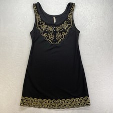 Free People Black Gold Button Embroidered Front Fit Flare Sheath Dress Size 6