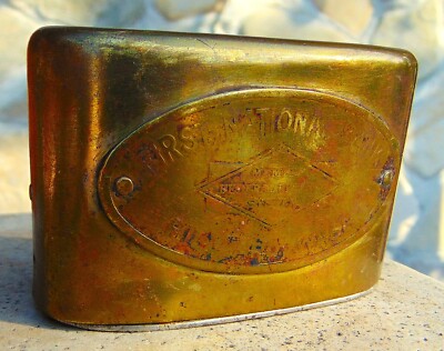 ANTIQUE BRASS COIN BANK ~ ''FIRST NAT'L BANK'' ~ BOTTOM SNAPS OFF/ON ~ 3 1/2'' LONG