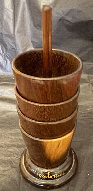 Vintage Handmade Set of 4 Stackable Wooden Egg Cups Costa Rica Unique Souvenir
