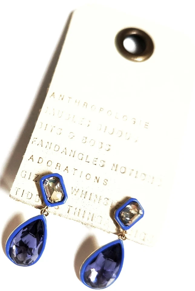 Pendientes colgantes de cristal de resina Anthropologie en latón chapado en oro azul marino nuevos con etiqueta Foto 3 de 4