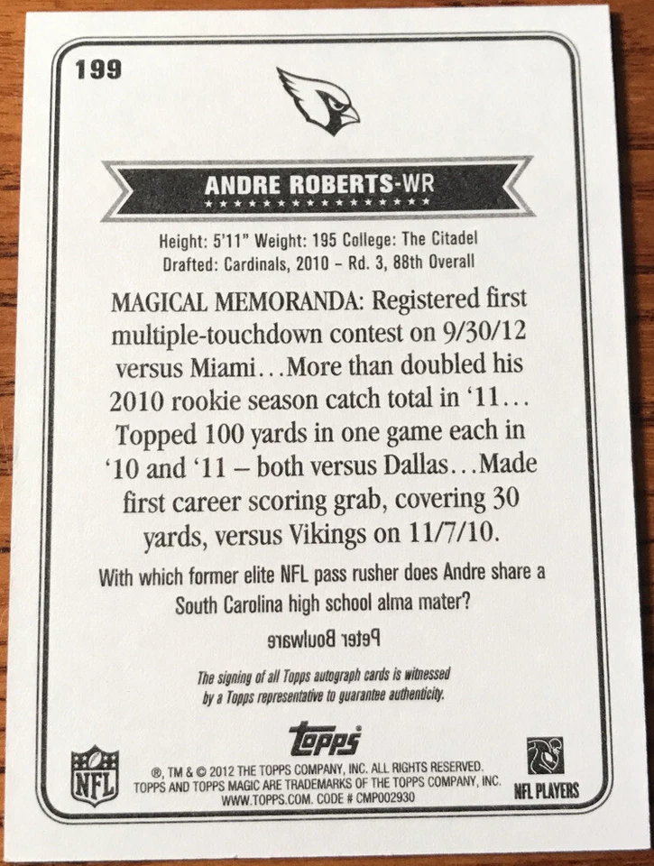 2012 Topps Magic Autographs Andre Roberts #199 Arizona Cardinals - Image 2 of 2