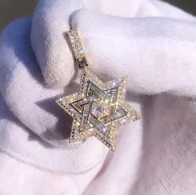 3 Ct Men's Round Cut Simulated Diamond Star Pendant 14k Yellow Gold Plated