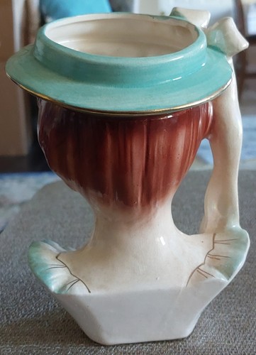 1950'S LADY 7" HEAD VASE IN AQUA HAT LONG IRIDESCENT BOW RIBBON & GOLD TRIM - Picture 5 of 12