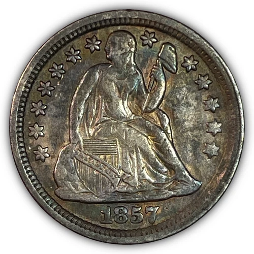 1857 Rainbow Toning Seated Liberty Silver Dime Almost Uncirculated AU Coin 19384