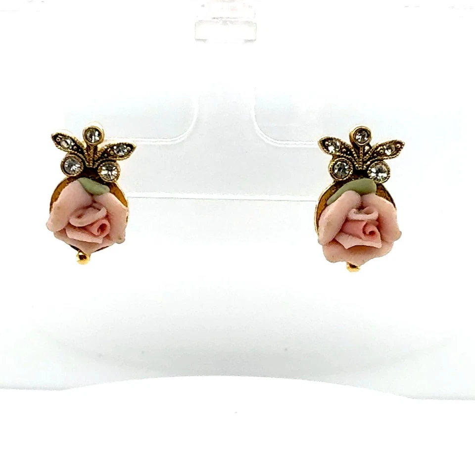 Pendientes de porcelana rosa tono oro rosa y cristal Foto 4 de 4
