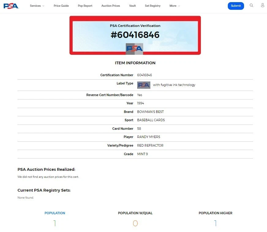 Bowman's Best Red Refractor #58 Randy Myers 1994 PSA 9 como nuevo POP 1 solo 1 superior Foto 3 de 4