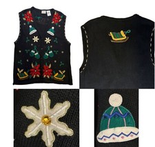 Bobbie Brooks - Christmas -Sweater Vest Holiday - Size Large - Poinsettia Sleigh