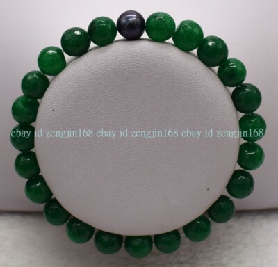 Pretty Charming 8mm Faceted Green Jadeite Gems&Black Pearl Elastic Bracelet 7.5''