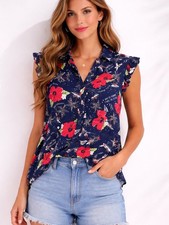 Sleeveless Navy Floral Button-Front Blouse wi...