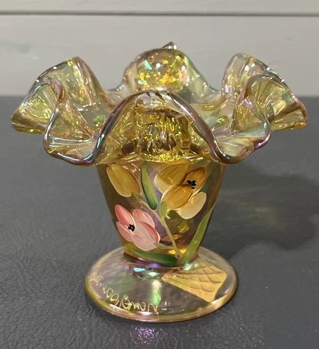 Beautiful Fenton Autumn Gold Art Glass Hand Painted Basket Signed. -Damaged