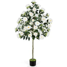 6FT Artificial Camellia Tree w/White Flowers, Fake Plant Decor for Living Room