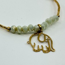 Y2K Gold Tone Elephant Charm Stretch Bracelet Iridescent White Beaded Boho 90s