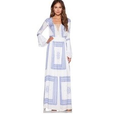 THE JETSET DIARIES Santorini Blue Print Maxi Dress Lace-Up Front Blue/White