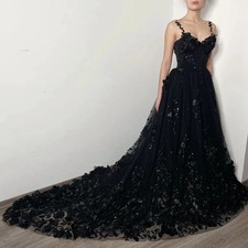 Black Wedding Dress Spaghetti Straps 3D Flower Court Train A Line Gothic Bridal