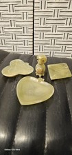 Vintage Ashtray Mineral Rock Set Of 3 And Little Figurine Green Handcrafted Used