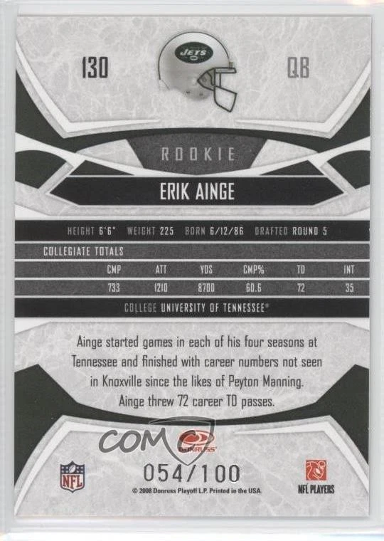 2008 Donruss Gridiron Gear Rookie Gold O's /100 Erik Ainge #130 Rookie RC - Image 2 of 2