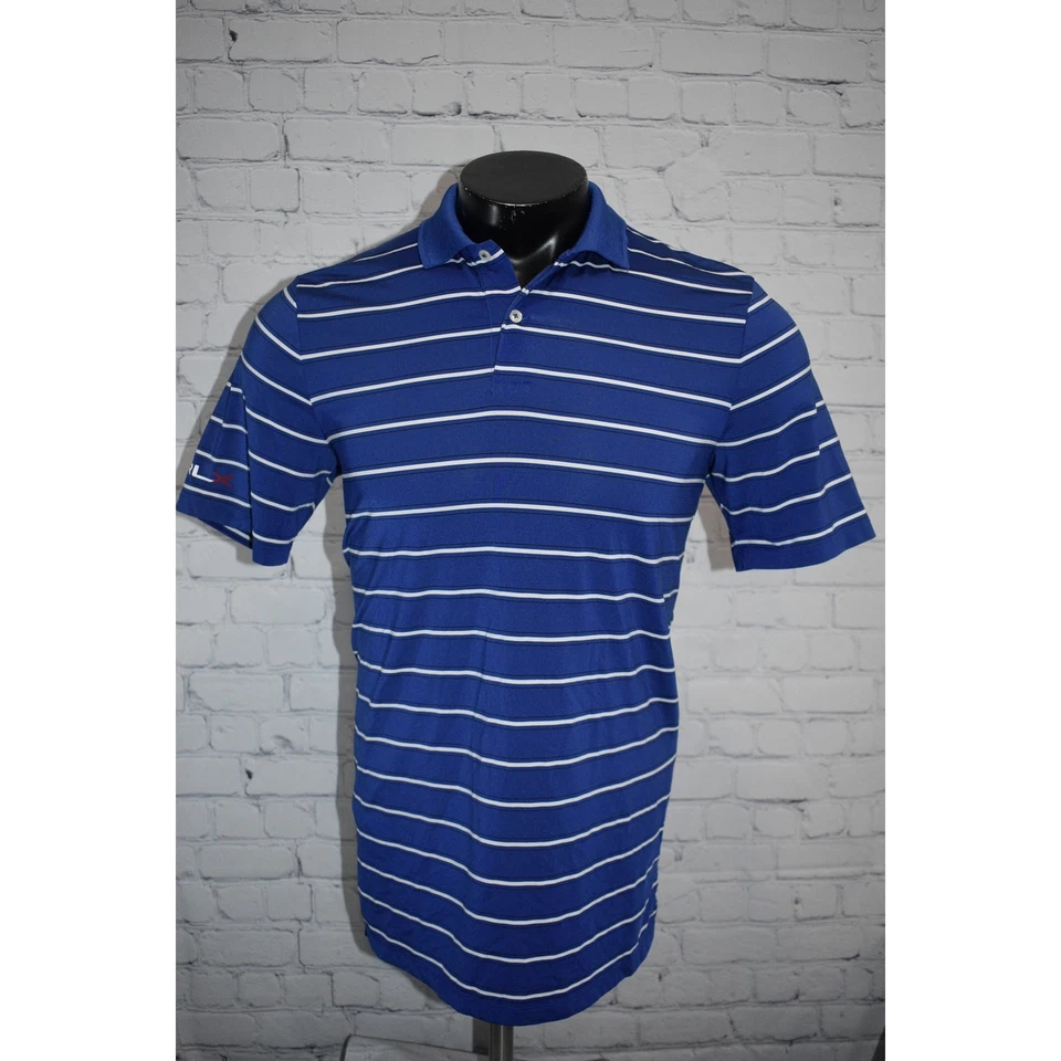 Camisa polo de golf RLX Ralph Lauren para hombre talla pequeña rendimiento azul a rayas Foto 2 de 4
