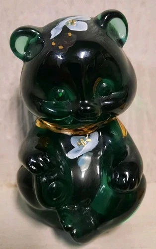 Vtg Fenton Green Emerald Glass Bear Figurine 3.5" Hand Painted Signed Farley