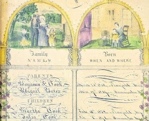 Antique 19thC Watercolor & Cook Family Genealogy, Plainfield MA