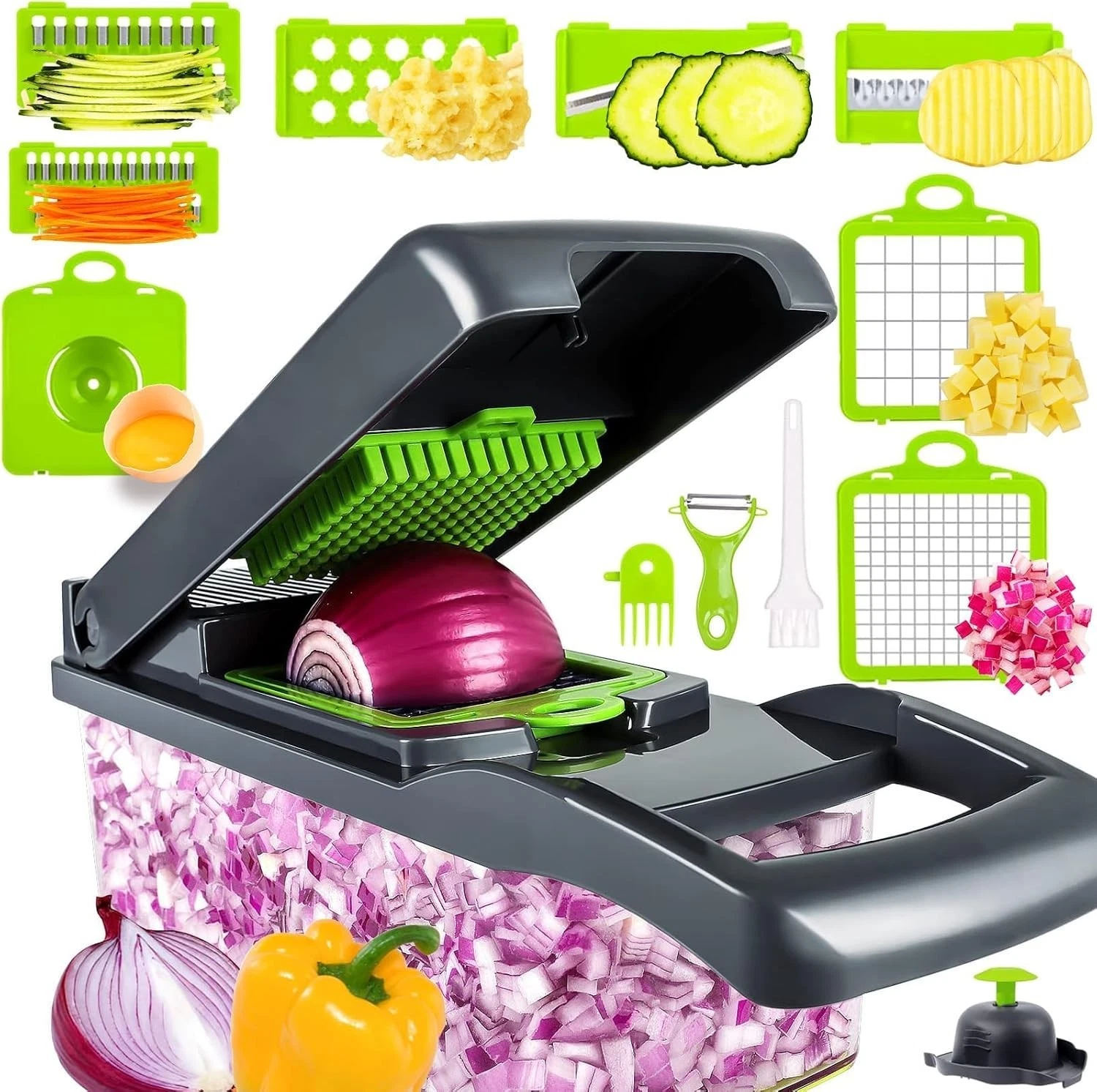 Vegetable Chopper Mandoline Slicer Set–9 Inserts,Compact Food Cutter, Grey/Green