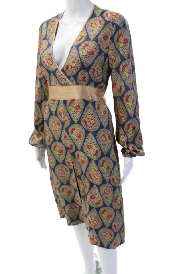 Vestido envolvente Paul & Joe para mujer azul seda floral cuello en V manga larga talla 42 Foto 2 de 4