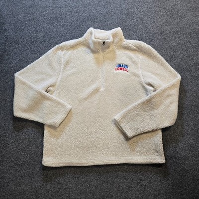 U Mass Lowell Sweatshirt Mens XL White Embroidered Fuzzy Fleece 1/4 Zip Casual