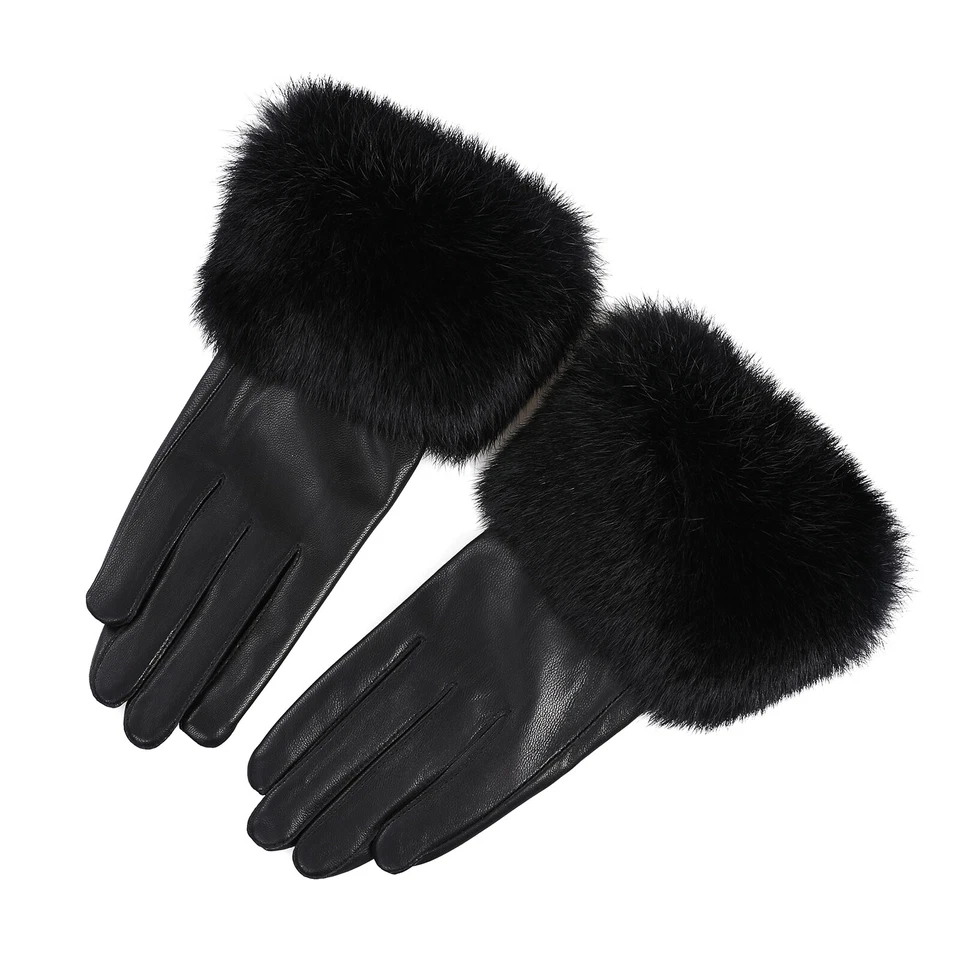 Guantes de cuero genuino para mujer puño de piel de conejo forrado de terciopelo invierno conducción Foto 3 de 4