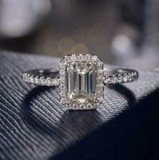 2Ct Emerald Cut Lab-Created Diamond Halo Engagement Ring 14K White Gold Plated