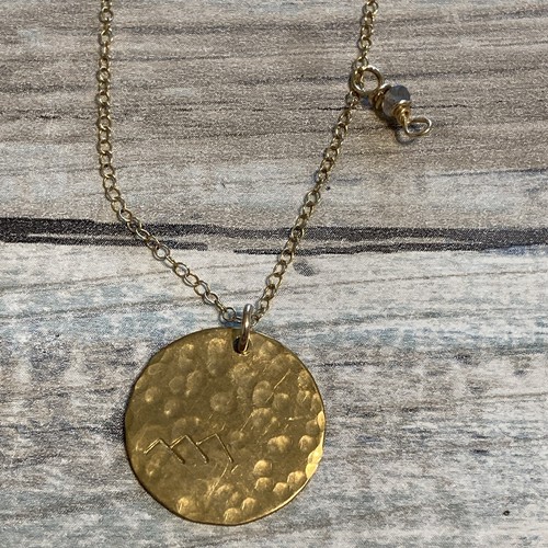 14k GF Hammered Disc Necklace 18" Chain Charm Artisan Mountains Stamped Minimal