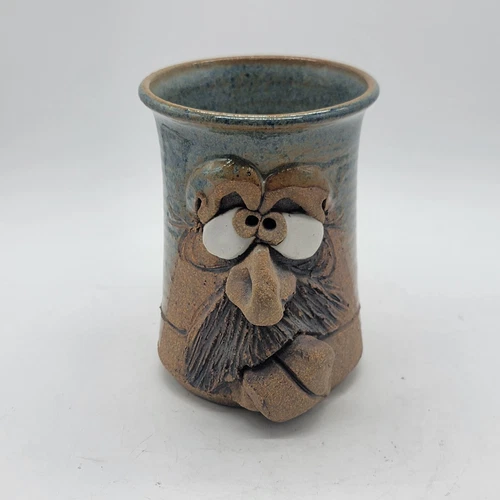 Vintage 1970s 3D Handmade Pottery Ugly Face W/Mustache Coffee/Tea Mug Decorative