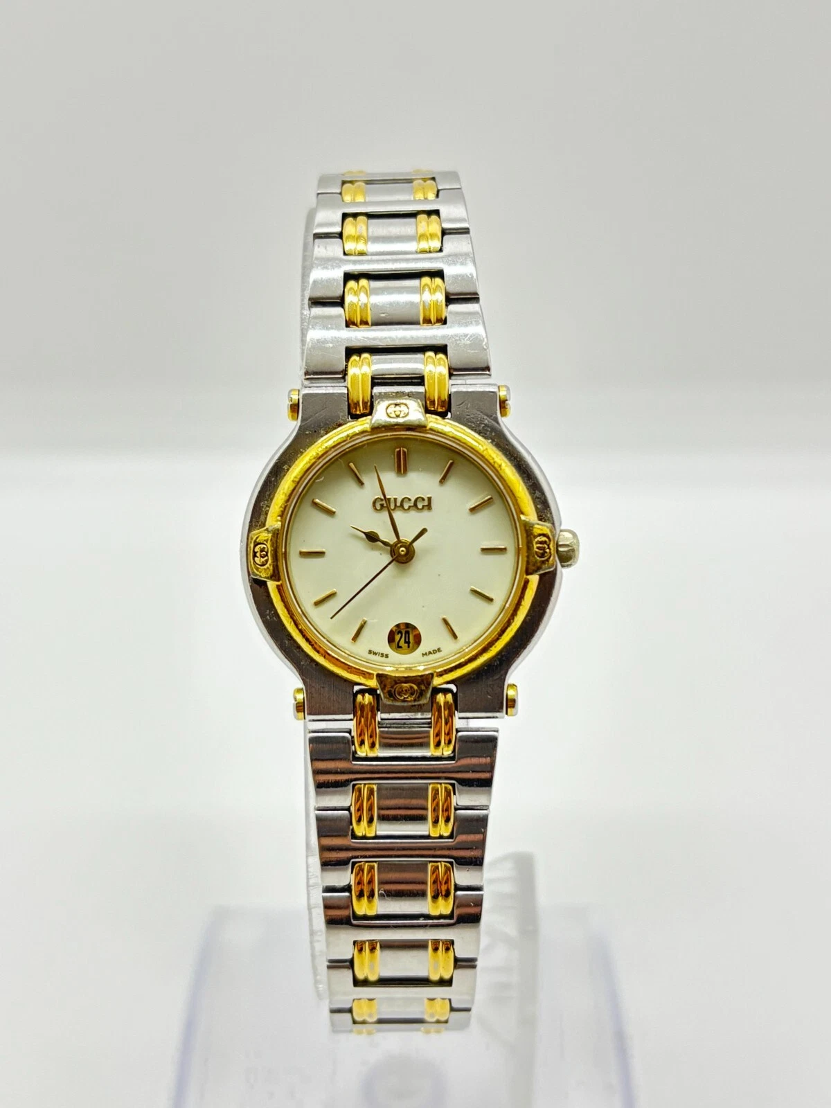 [Exc+5] Montre Vintage Gucci 9000L Deux Tons Acier Cadran Or Quartz Occasion Fonctionne
