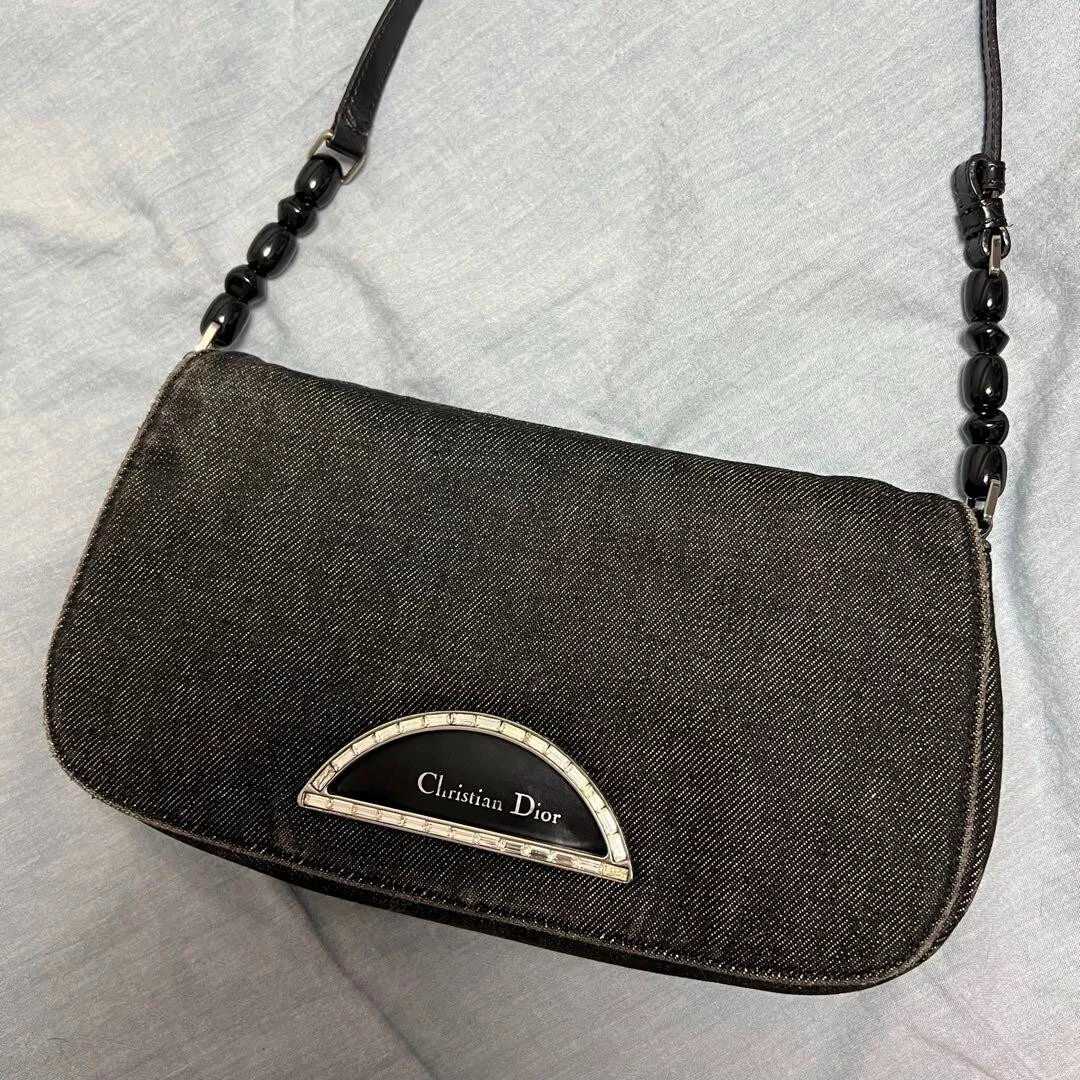 CHRISTIAN DIOR Malice Pearl sac à main bandoulière cuir noir denim uni CD220