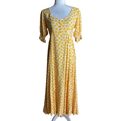faithfull the brand linnie midi dress Faithful The Brand Linnie Midi Yellow Floral Dress Puff Sleeve Flowy 6 NEW