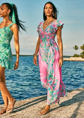 LILLY PULITZER HAVANA PINK CASA JAGUAR VERONA FLUTTER SLEEVE MAXI DRESS 12 