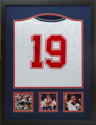 FRAMED PAUL GASCOIGNE SIGNED ENGLAND WORLD CUP FOOTBALL SHIRT SEE PROOF  GAZZA UK