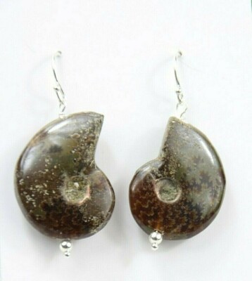 Ammonite Fossil Earrings Snail Gemstone .925 Sterling Silver Cephalopod Nautilus