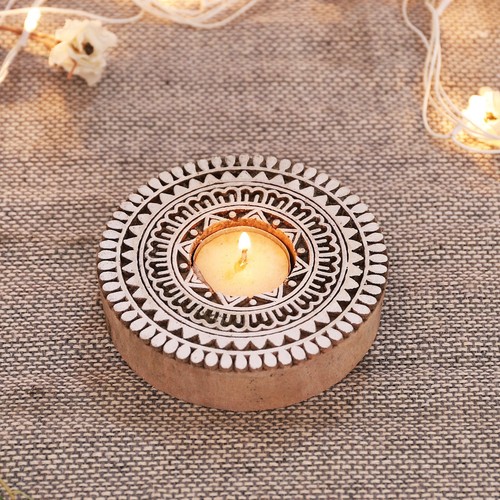 Indian Wood Block Printing Stamp Dinner Light Holder Home Decor Hand-Carved Diya - Picture 2 of 6