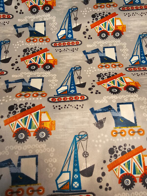 Soft Colorful Dump Trucks, Bulldozers, Excavators Minky Print BTY