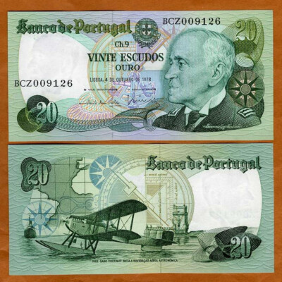 #ad Portugal 20 Escudos 1978 P 176a UNC Pre Euro Seaplane $6.55