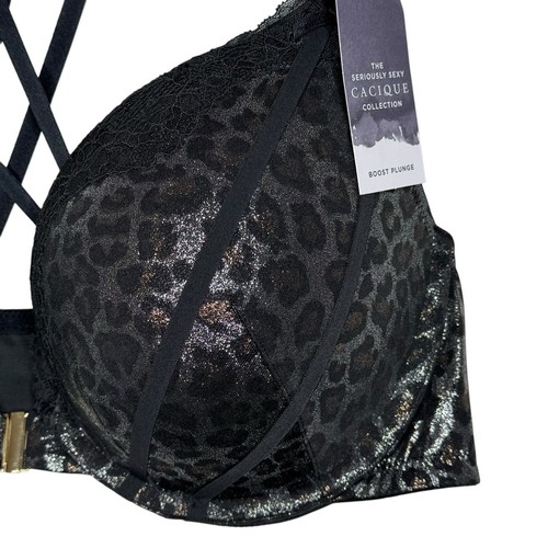 Cacique Seriously Sexy Boost Plunge Bra 40D Metallic Animal Print Front Close - Picture 3 of 7