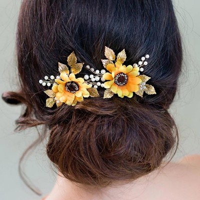 Gold Leaf Hair Pin with Sunflower Pearl Wedding Hair Clip  display picture 1
