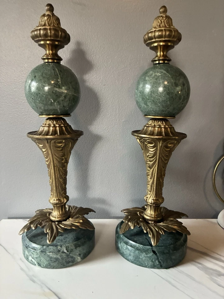 Vintage Heavy Green Marble Ornate Brass Finials Pair of 2 Decorative Accents 13” - Image 3 of 4