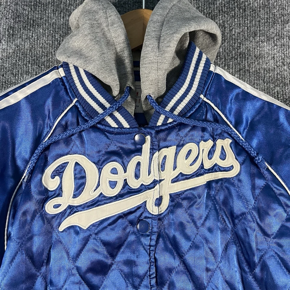 LA DODGERS Women’s Medium Blue Hooded Satin Bomber Varsity Jacket MLB Vtg 90s - Image 2 of 4